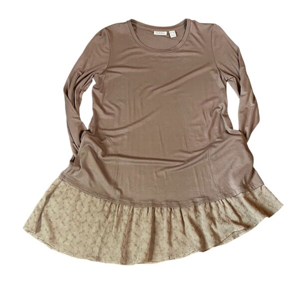 LOGO Camel-Colored Tunic w/2 Front Pockets, 3/4 Sleeves & Ruffle Bottom, Sz XXS - Picture 10 of 13
